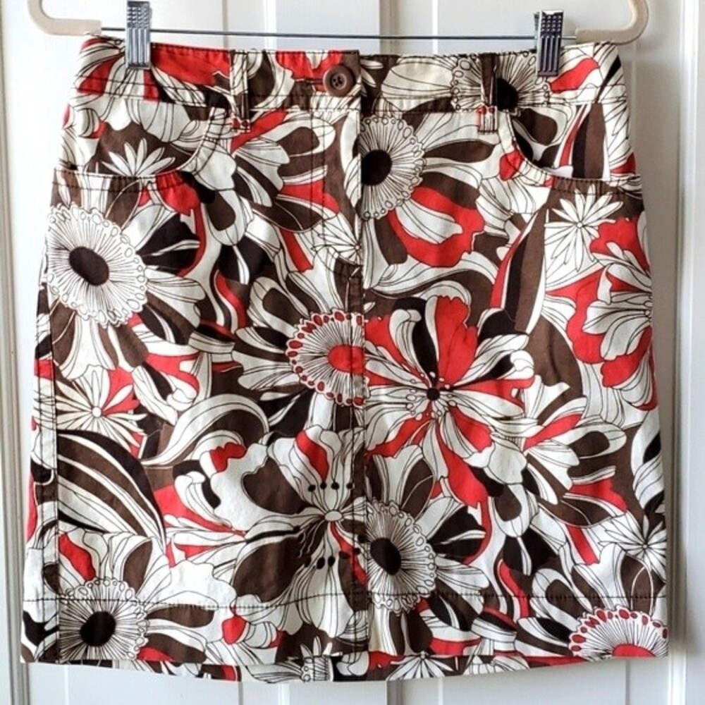 LOFT RETRO MOD BROWN FLORAL COTTON MINI SKIRT 70s GROOVY BROWN CREAM SIZE 6